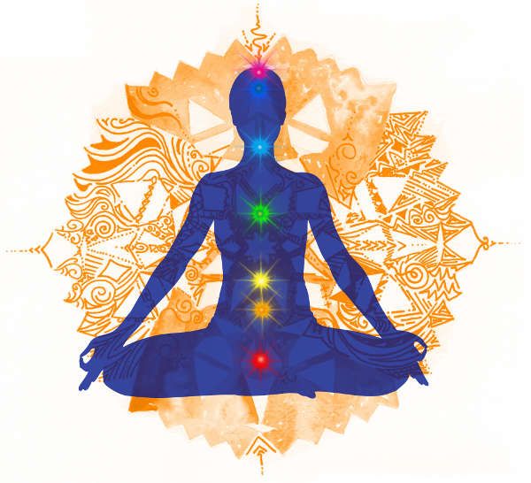 Eine Mensch sitzt meditierend im Lotos-Sitz. Zu sehen ist seine Aura und die Farben der Chakren.