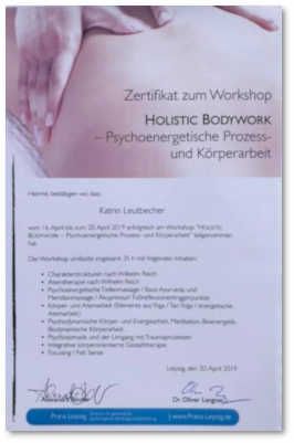 Zertifikat von Prana Leipzig für die Teilnahme von Katrin Leutbecher an der Weiterbildung