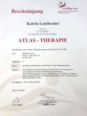 Teilnahme-Bescheinigung von Katrin Leutbecher an der Weiterbildung zur Atlas-Therapie